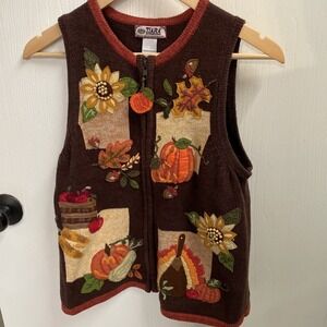 VTG Tiara International Harvest Sweater Vest Zip Embroidered Fall Cottagecore M